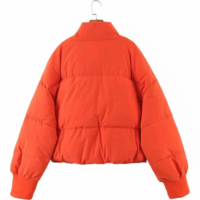 Oversized Stand Collar Side Pocket Zip Front Long Sleeve Puffer Jacket - Burnt Orange - Image 4