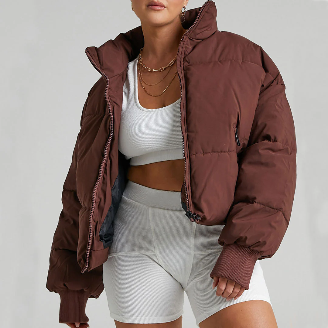 Oversized Stand Collar Side Pocket Zip Front Long Sleeve Puffer Jacket - Coffee - Image 3
