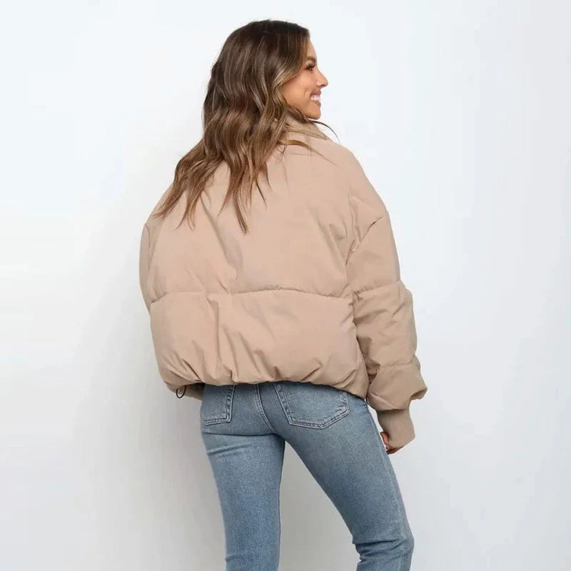 Oversized Stand Collar Side Pocket Zip Front Long Sleeve Puffer Jacket - Khaki - Image 3