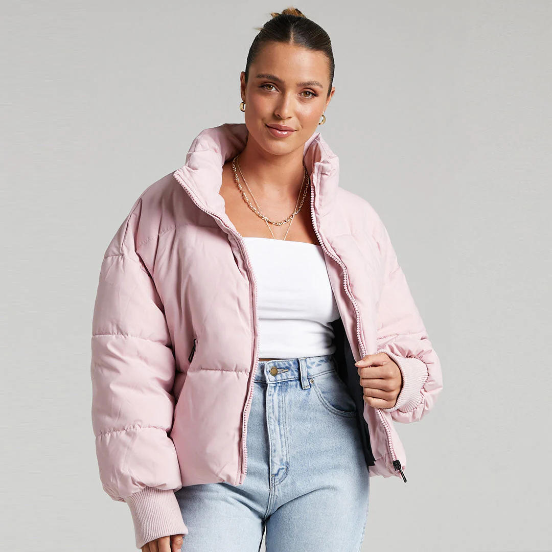 Oversized Stand Collar Side Pocket Zip Front Long Sleeve Puffer Jacket - Pink - Image 3