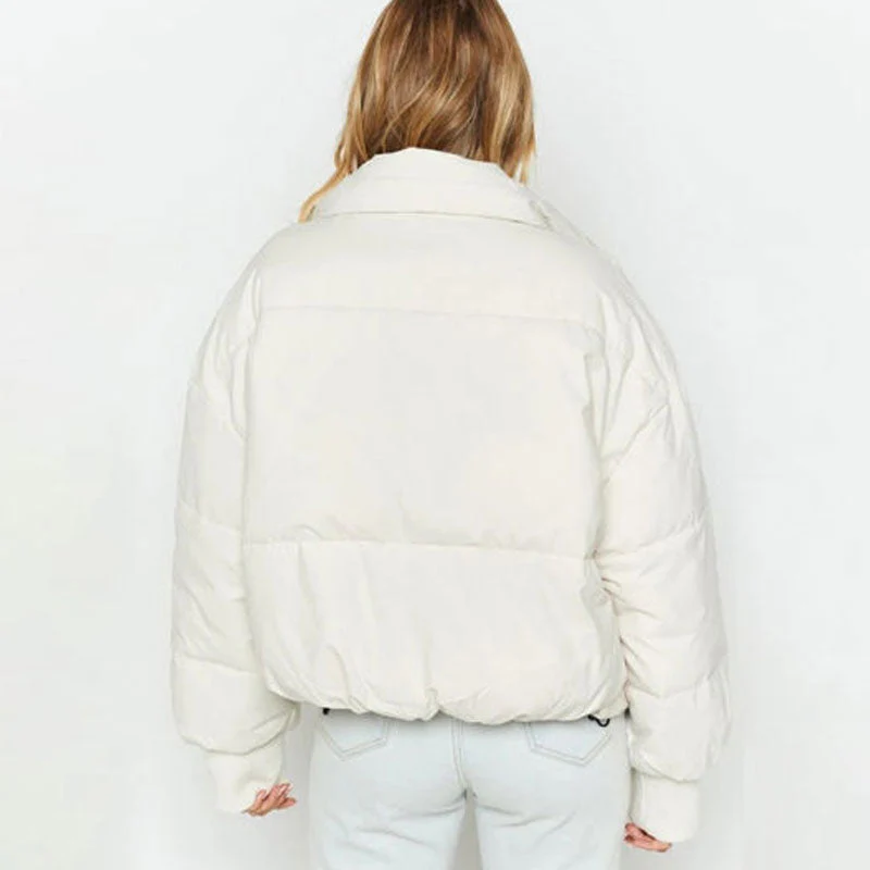Oversized Stand Collar Side Pocket Zip Front Long Sleeve Puffer Jacket - White - Image 3