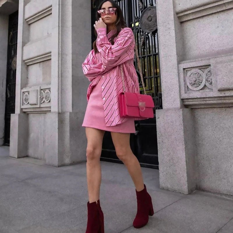 Oversized Stripe Print Button Down Long Sleeve Pointed Collar Shirt - Pink - Image 2