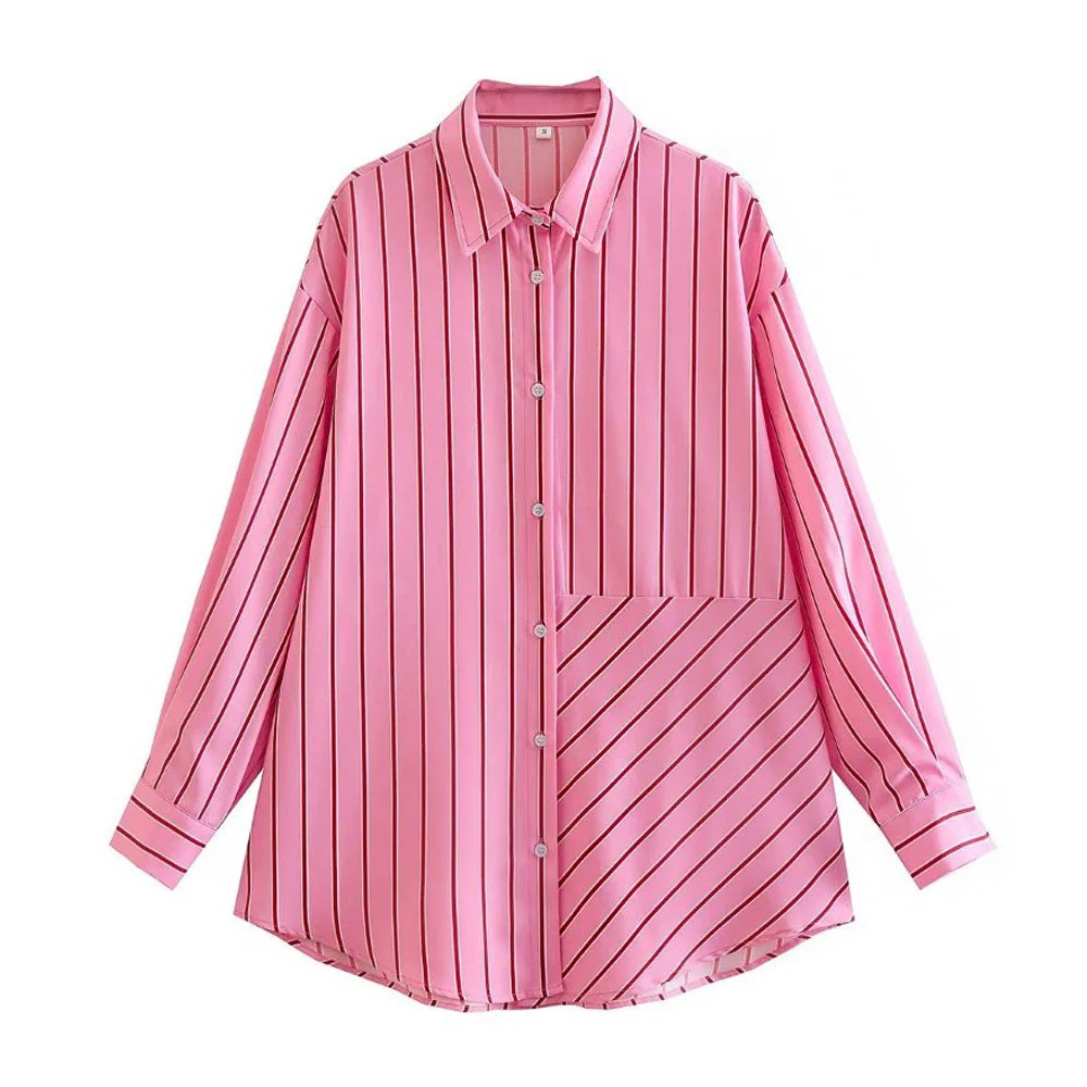 Oversized Stripe Print Button Down Long Sleeve Pointed Collar Shirt - Pink - Image 4