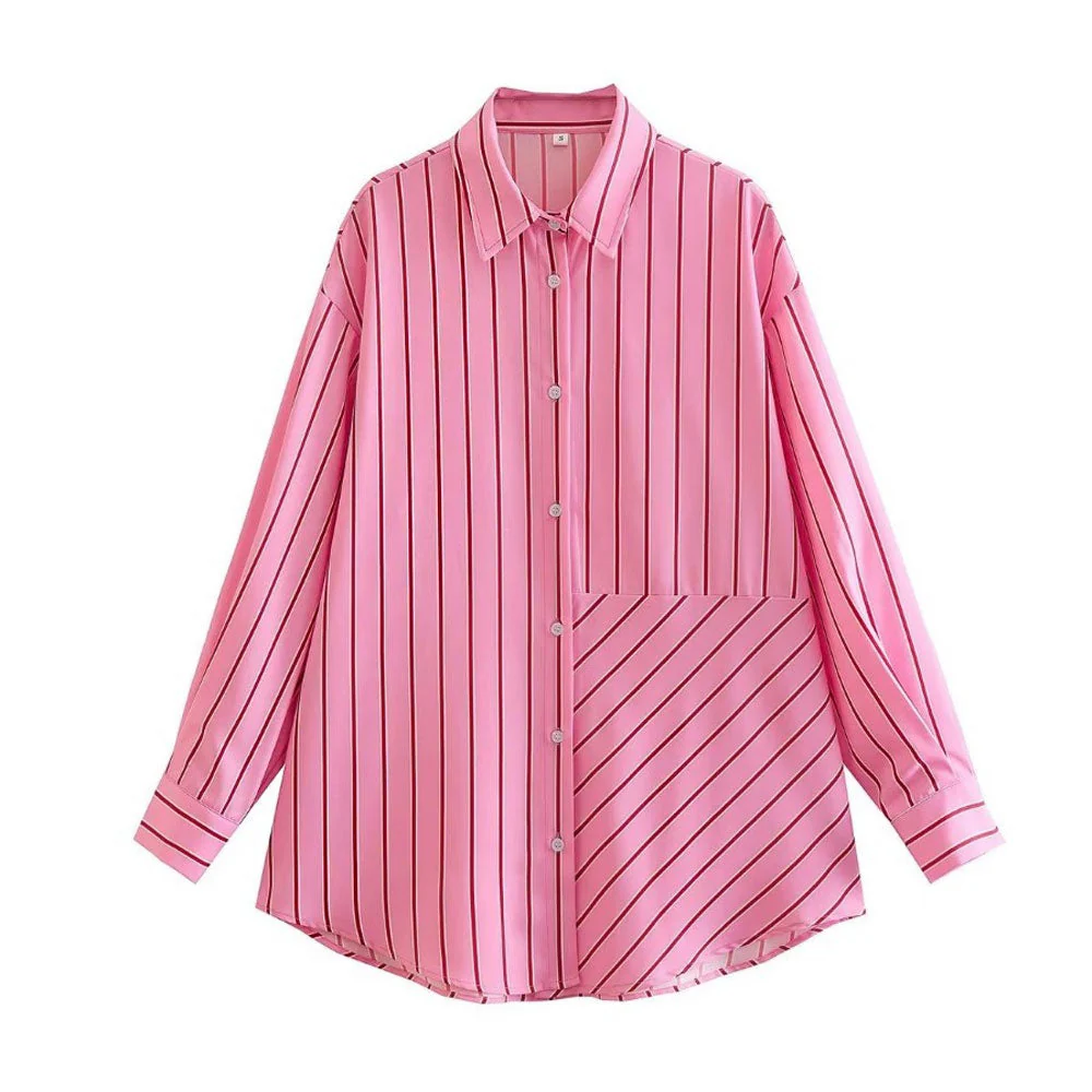Oversized Stripe Print Button Down Long Sleeve Pointed Collar Shirt - Pink - Image 5