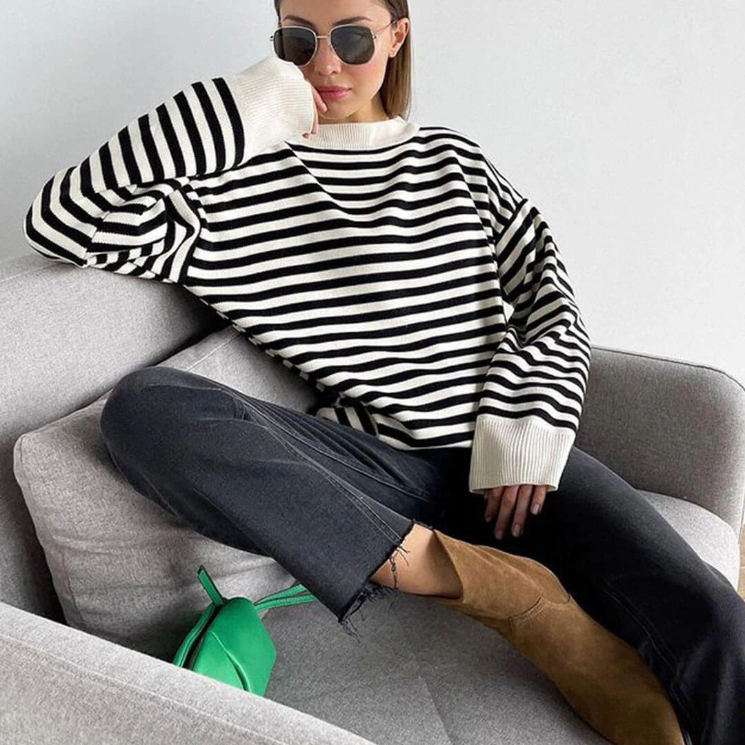 Oversized Striped Crew Neck Drop Shoulder Long Sleeve Sweater - Stripe - Image 2