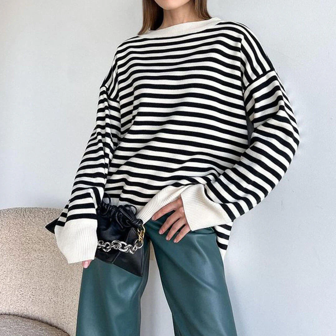 Oversized Striped Crew Neck Drop Shoulder Long Sleeve Sweater - Stripe - Image 3