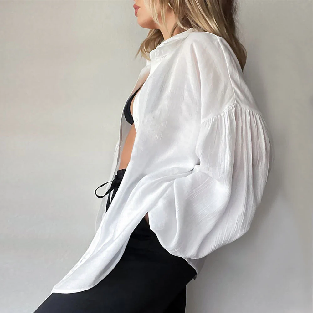 Oversized Textured Drop Shoulder Bishop Sleeve Button Up Collared Shirt - White - Image 2