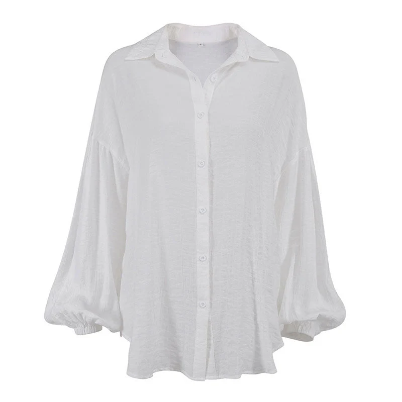 Oversized Textured Drop Shoulder Bishop Sleeve Button Up Collared Shirt - White - Image 4
