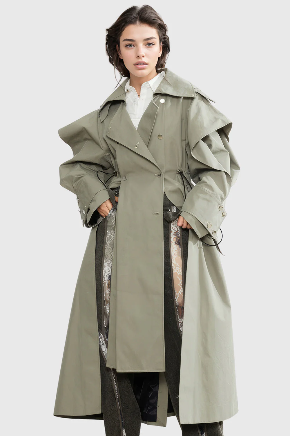 Oversized Trenchcoat with Adjustable Waist - Light Green - Image 2