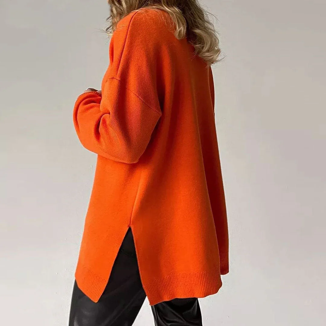 Oversized Turtleneck Long Sleeve Slit Trim Pullover Sweater - Burnt Orange - Image 2
