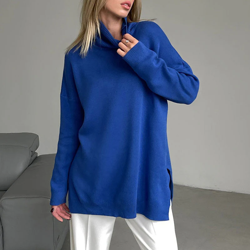 Oversized Turtleneck Long Sleeve Slit Trim Pullover Sweater - Royal Blue - Image 2