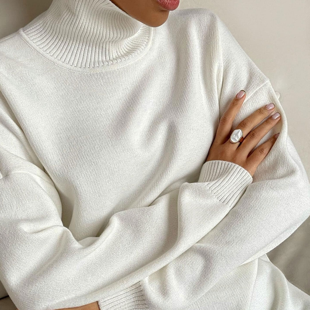 Oversized Turtleneck Long Sleeve Slit Trim Pullover Sweater - White - Image 3