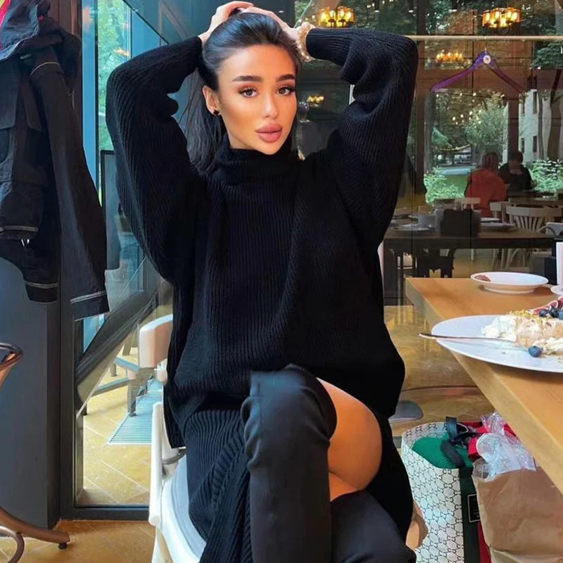 Oversized Turtleneck Sweater High Split Midi Skirt Matching Set - Black - Image 2