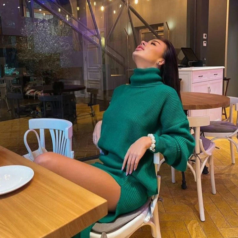 Oversized Turtleneck Sweater High Split Midi Skirt Matching Set - Emerald Green - Image 2