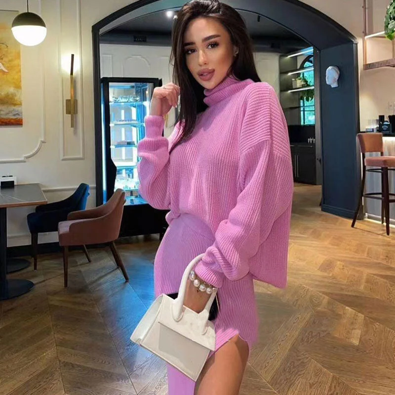 Oversized Turtleneck Sweater High Split Midi Skirt Matching Set - Pink - Image 2