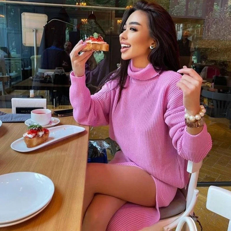 Oversized Turtleneck Sweater High Split Midi Skirt Matching Set - Pink - Image 3