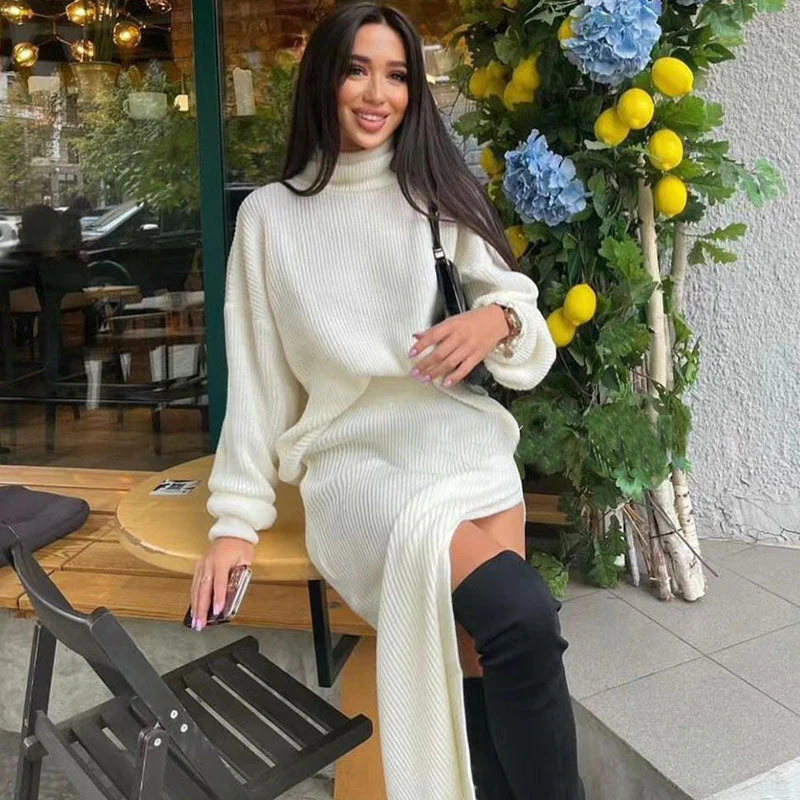 Oversized Turtleneck Sweater High Split Midi Skirt Matching Set - White - Image 2