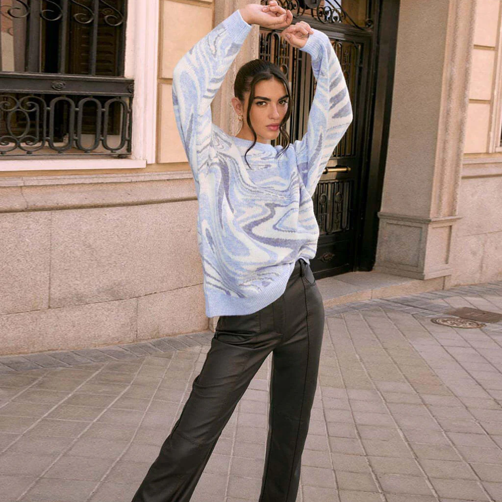 Oversized Wave Print Ribbed Long Sleeve Pullover Sweater - Blue - Image 3