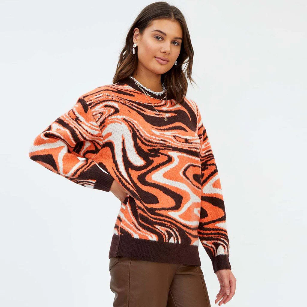 Oversized Wave Print Ribbed Long Sleeve Pullover Sweater - Burnt Orange - Image 2