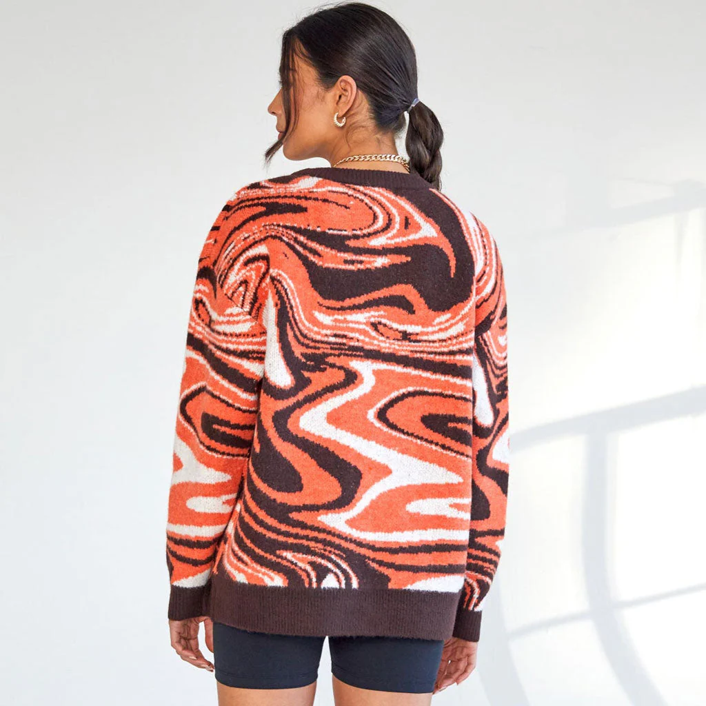Oversized Wave Print Ribbed Long Sleeve Pullover Sweater - Burnt Orange - Image 3
