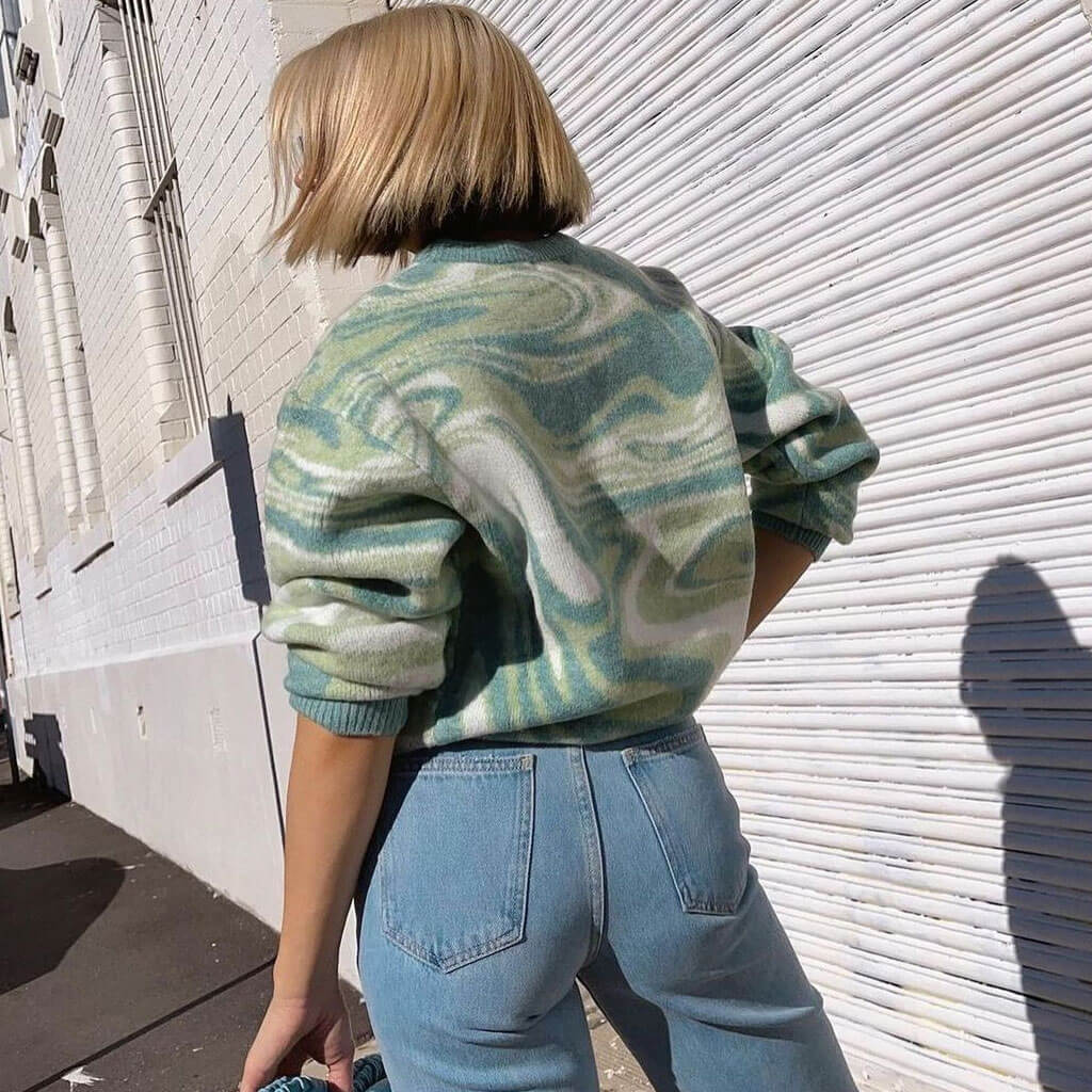 Oversized Wave Print Ribbed Long Sleeve Pullover Sweater - Green - Image 2