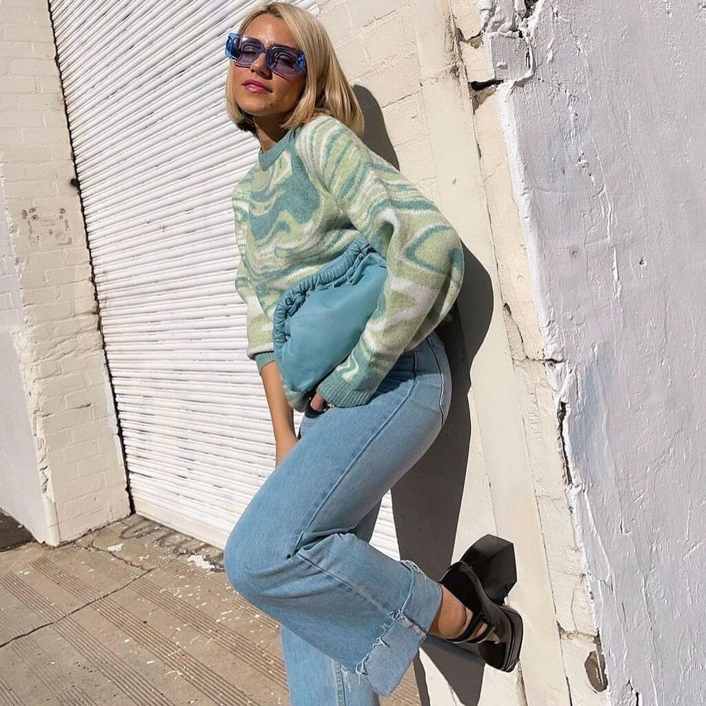 Oversized Wave Print Ribbed Long Sleeve Pullover Sweater - Green - Image 3