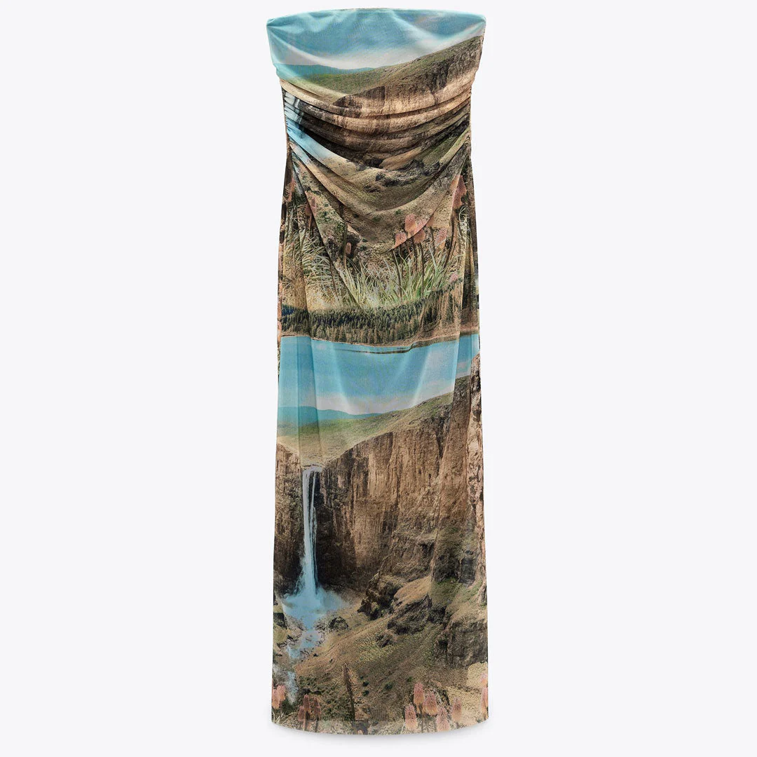 Painterly Printed Ruched Mesh Split Trim Strapless Midi Dress - Green - Image 3