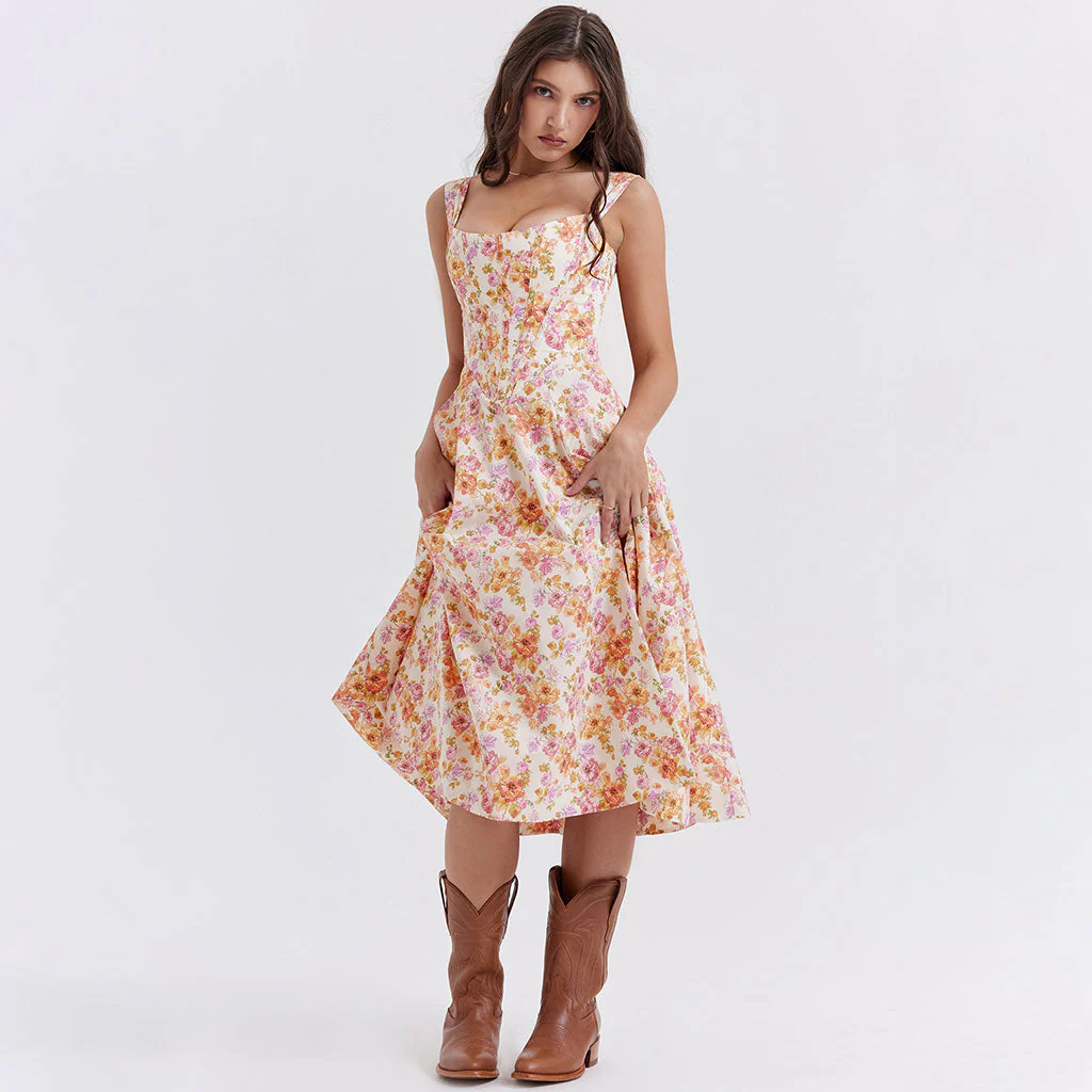 Painterly Printed Square Neck Drop Waist Corset Split Midi Floral SunDress - Image 2