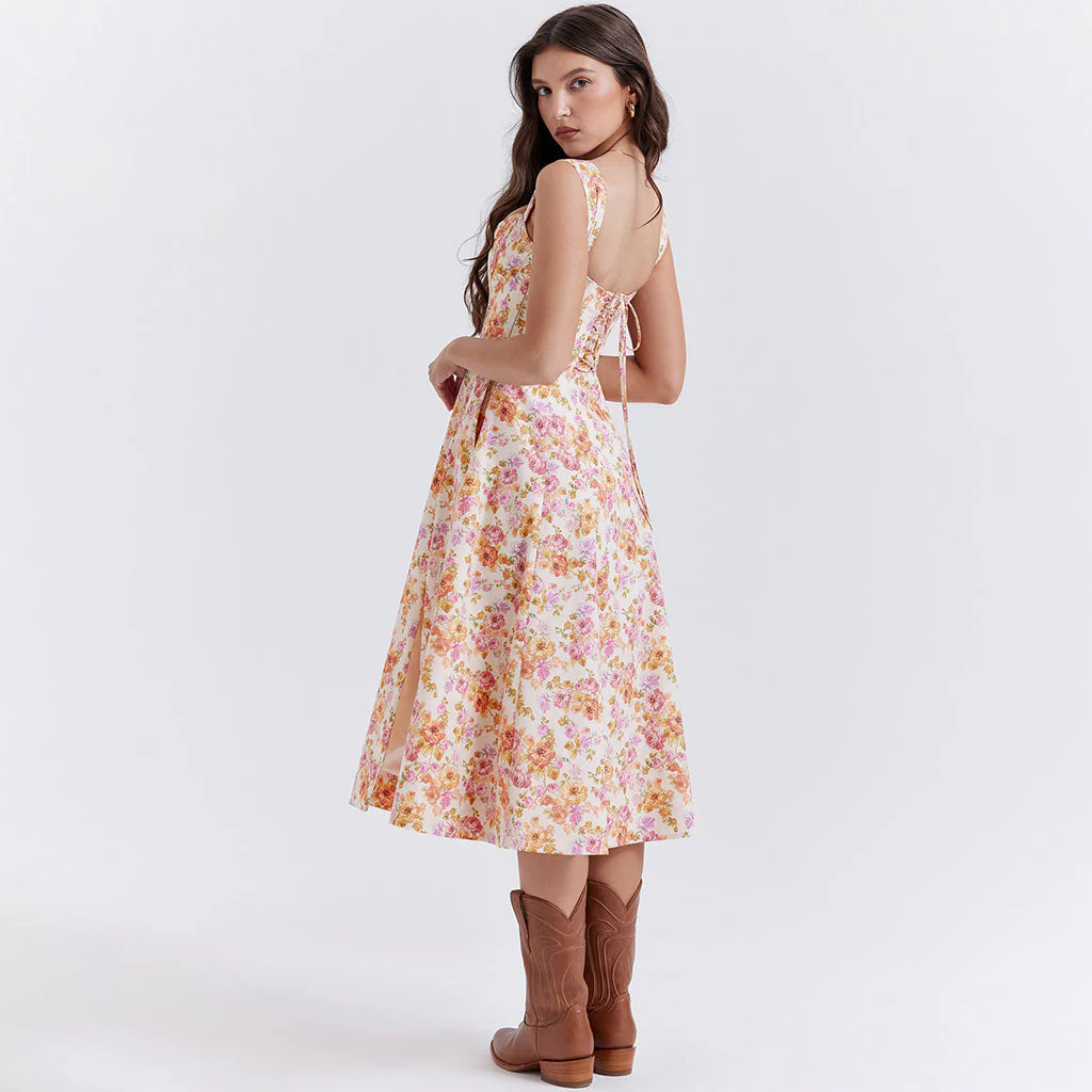 Painterly Printed Square Neck Drop Waist Corset Split Midi Floral SunDress - Image 3