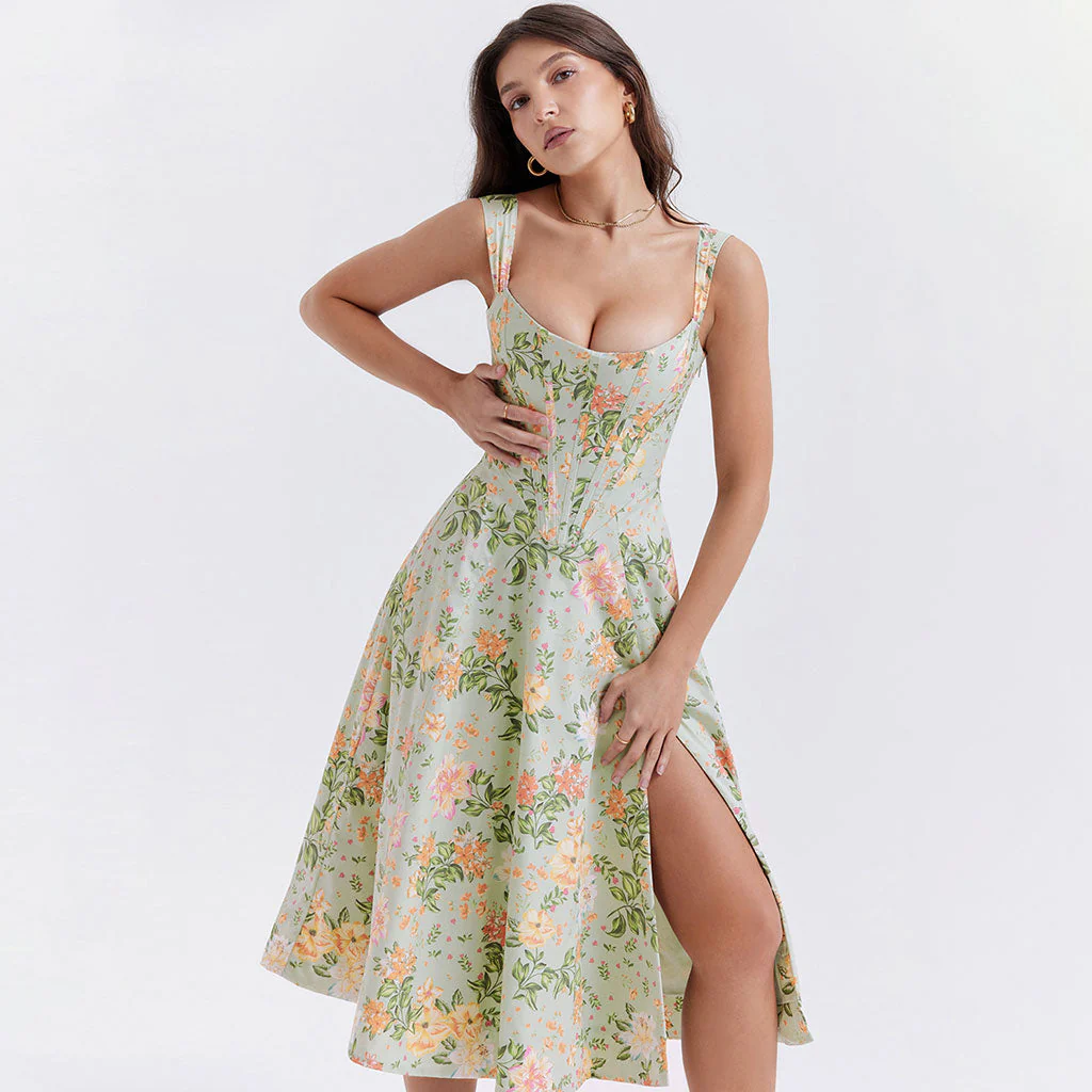 Painterly Printed Square Neck Drop Waist Corset Split Midi Floral SunDress - Image 4