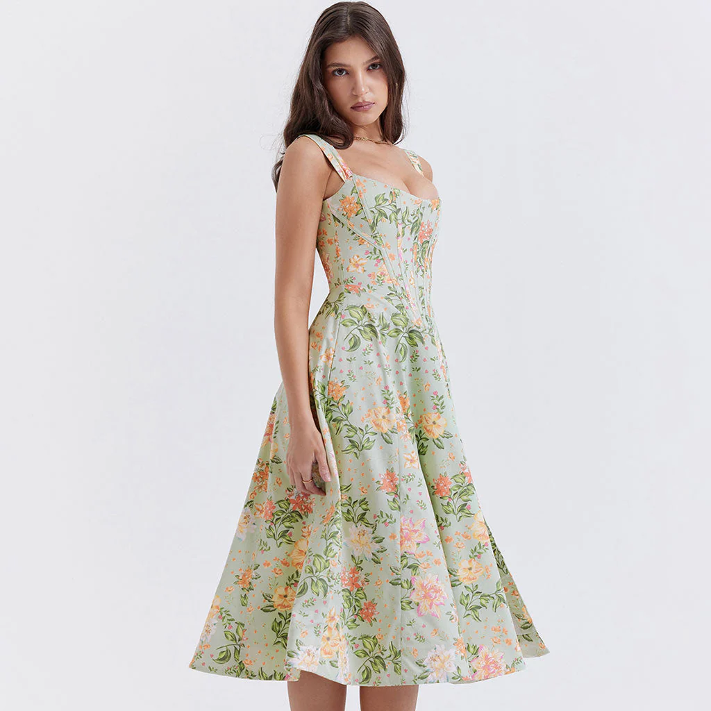 Painterly Printed Square Neck Drop Waist Corset Split Midi Floral SunDress - Image 6