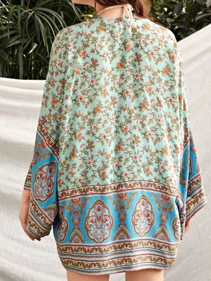 Partywear Cotton Paisley Floral Print Green Color Short Length Gown Kimono Duster Robe - Image 2