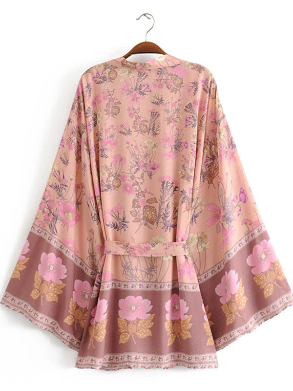 Short Kimono Floral Print Pink Cotton Viscose Short Length Gown Kimono Duster Robe - Image 2
