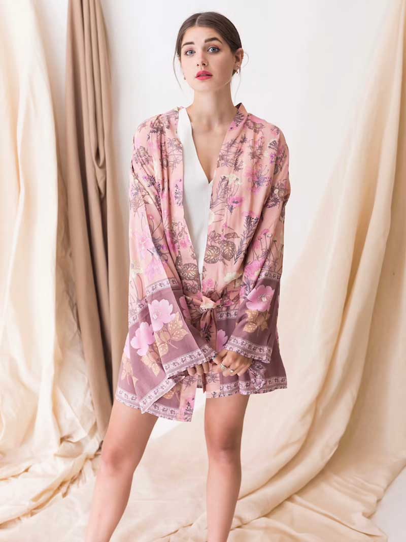 Short Kimono Floral Print Pink Cotton Viscose Short Length Gown Kimono Duster Robe - Image 3
