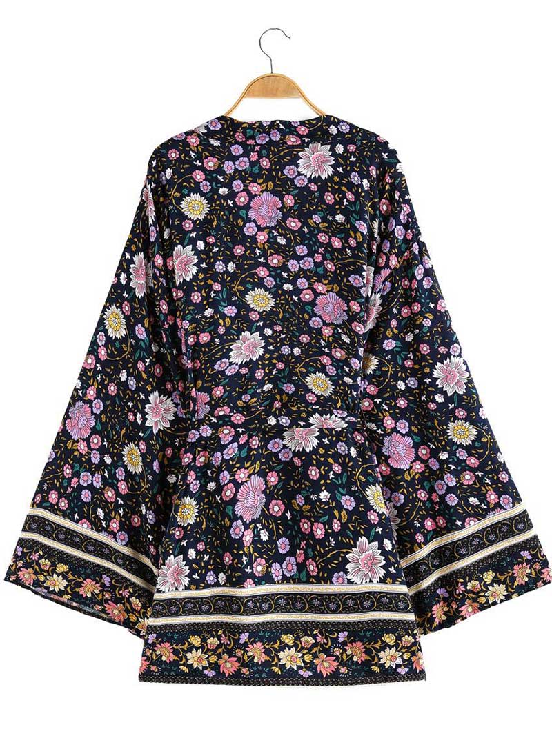 Party Wear Short Length With Floral Print Black Color Cotton Gown Kimono Duster Robe - Image 2