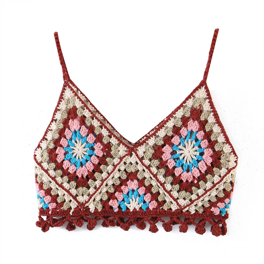 Pastel Granny Square Pattern V Neck Crochet Knit Cropped Top - Blue - Image 2