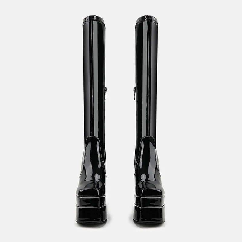 Patent Leather Square Toe Chunky Platform Knee High Boots - Jet Black - Image 2