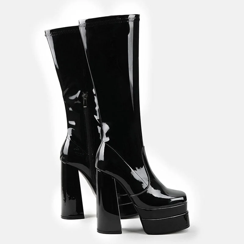 Patent Leather Square Toe Chunky Platform Knee High Boots - Jet Black - Image 3