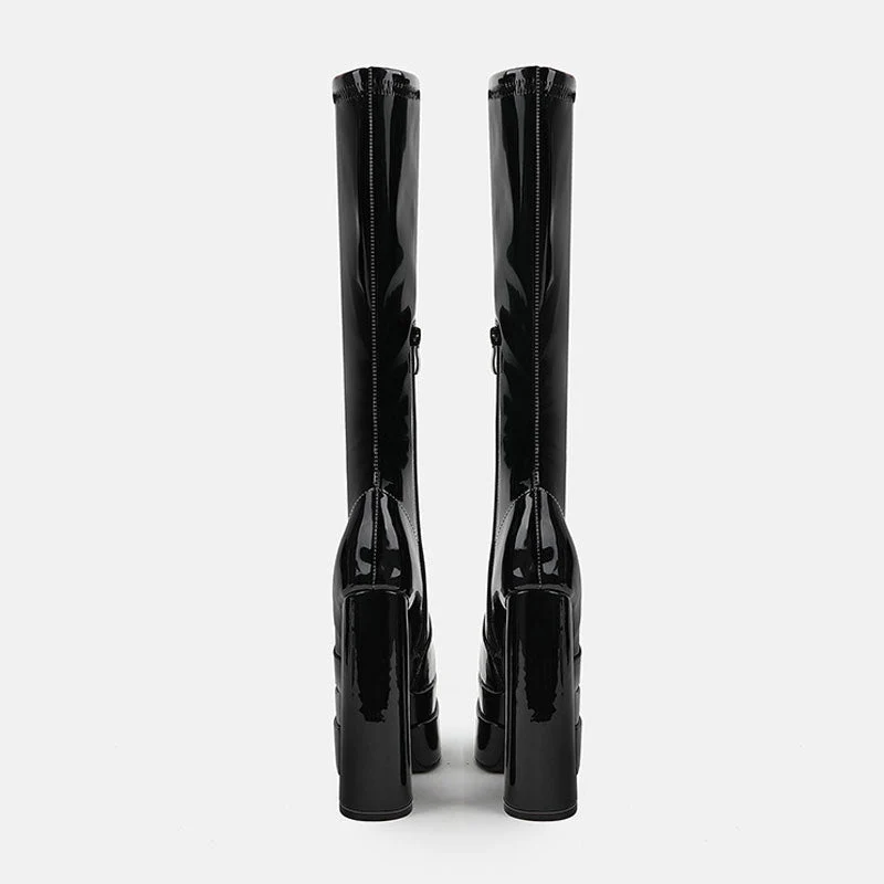 Patent Leather Square Toe Chunky Platform Knee High Boots - Jet Black - Image 4