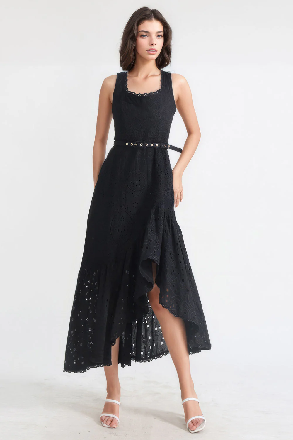 Patterned Irregular Midi Dress - Black - Image 2