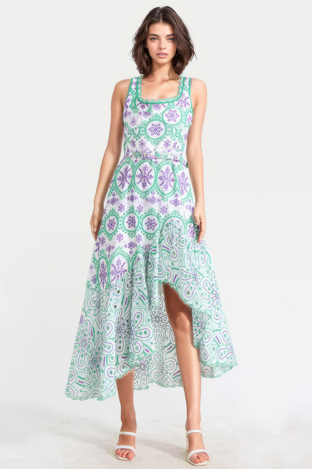 Patterned Irregular Midi Dress - Green - Image 2