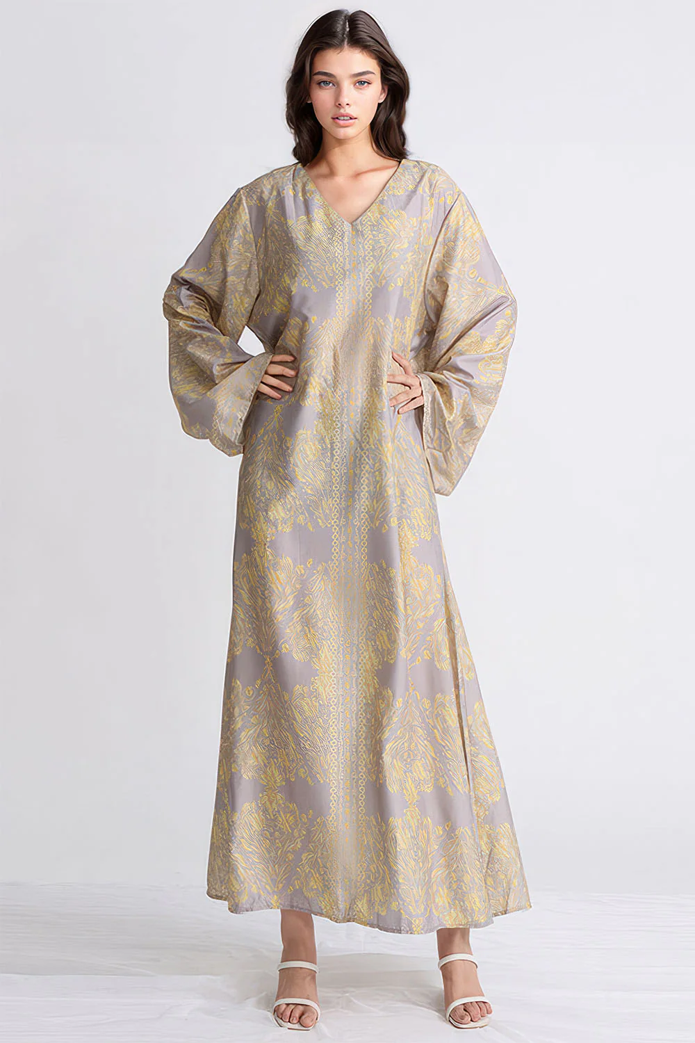 Patterned Midi Dress with V Neckline - Khaki - Image 2