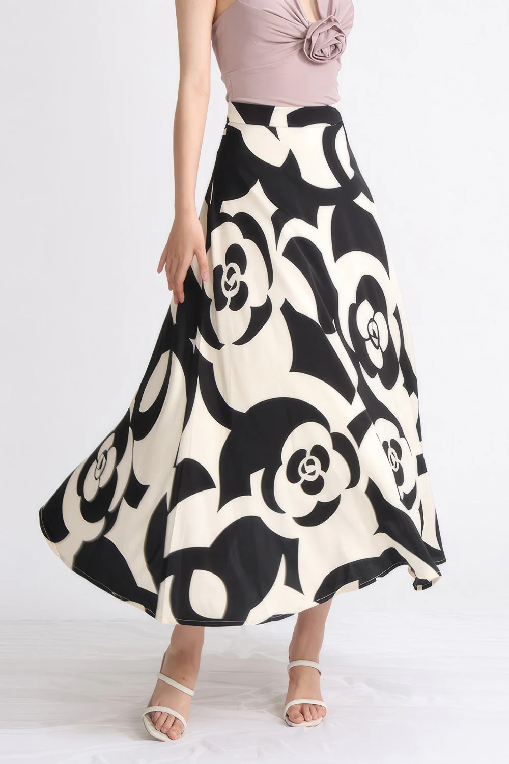 Patterned Midi Skirt - Black & Beige - Image 3