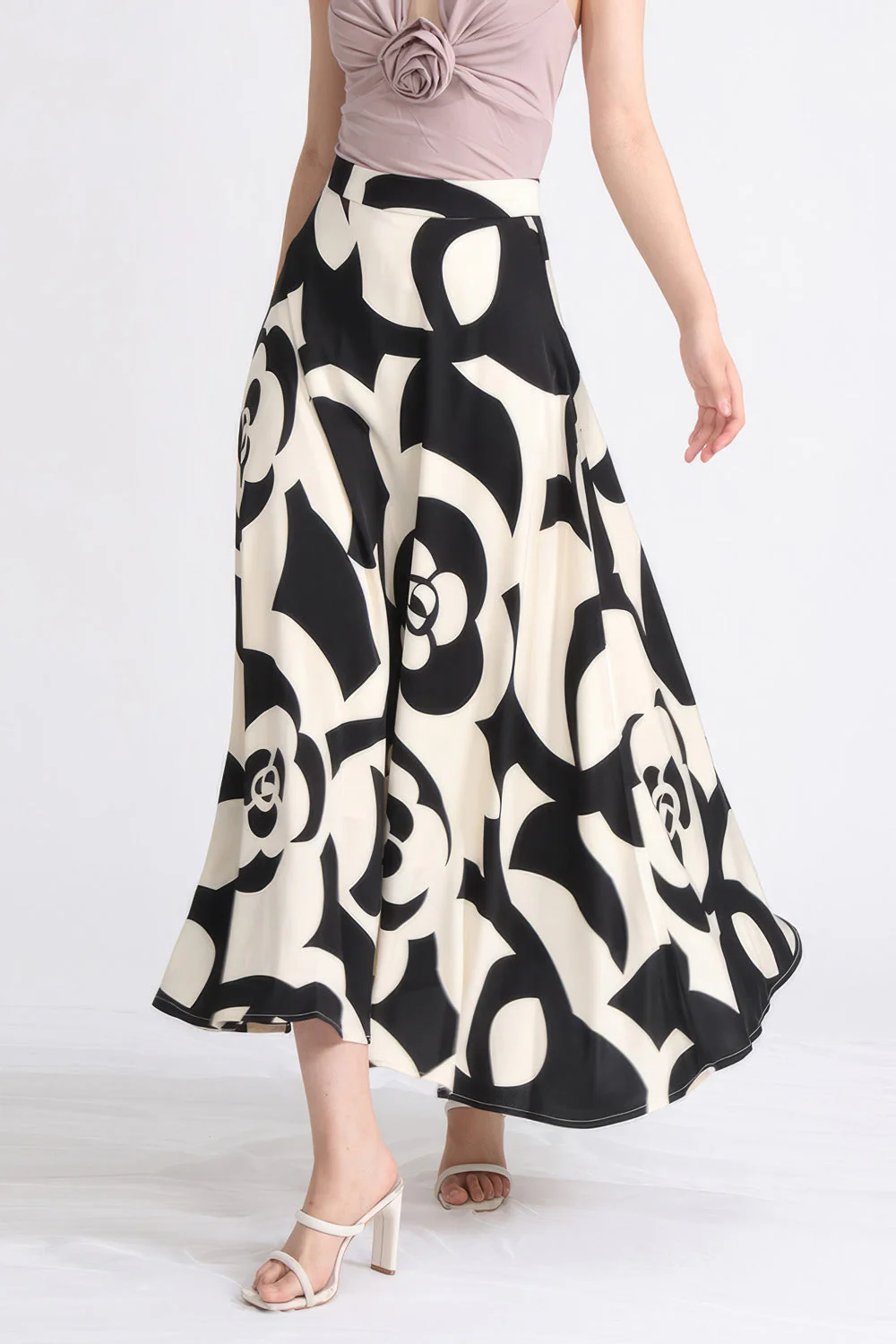 Patterned Midi Skirt - Black & Beige - Image 4