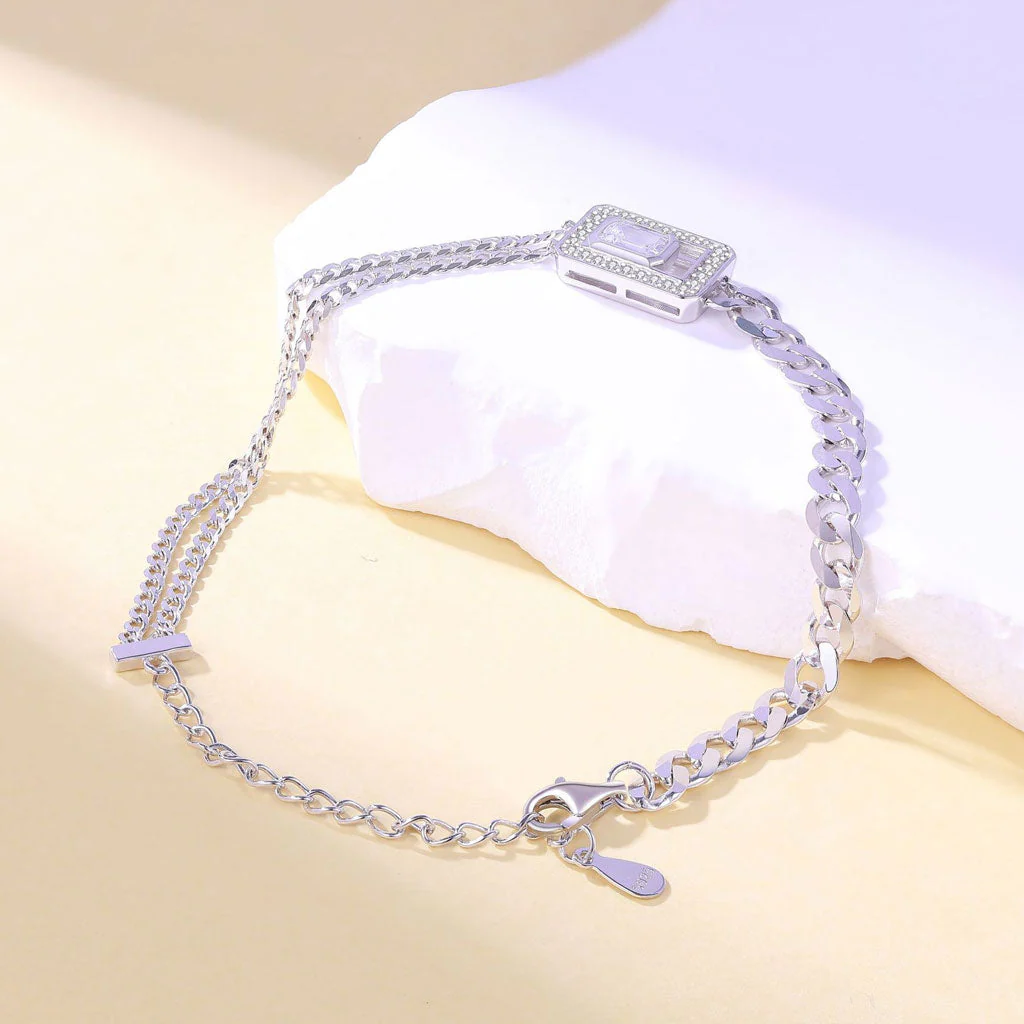 Pave Baguette and Round Cubic Zirconia Trio Cuban Link Chain Bracelet - Image 2