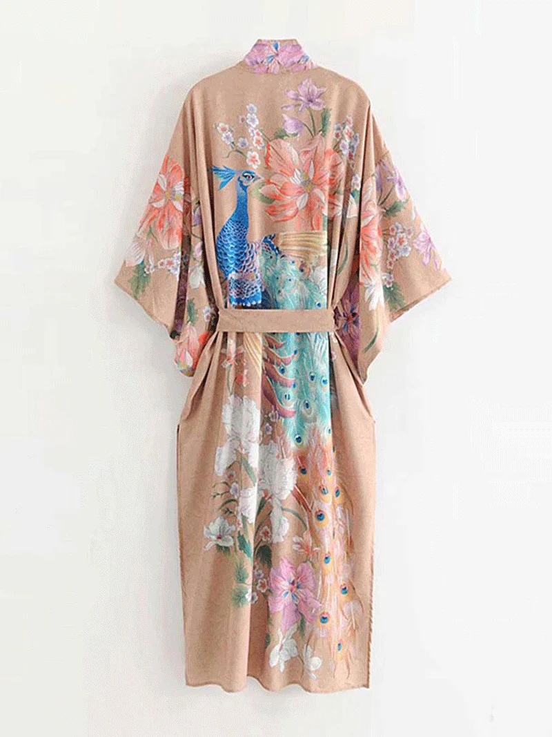 Partywear Cotton, Viscose & Silk Mix  Peacock King Floral & Bird Print Camel Color Long Length Gown Kimono Duster Robe - Image 2