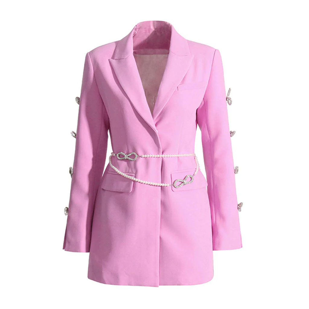 Pearlescent Belt Crystal Bow CutOut Long Sleeve Lapel Collar Long Blazer - Image 2