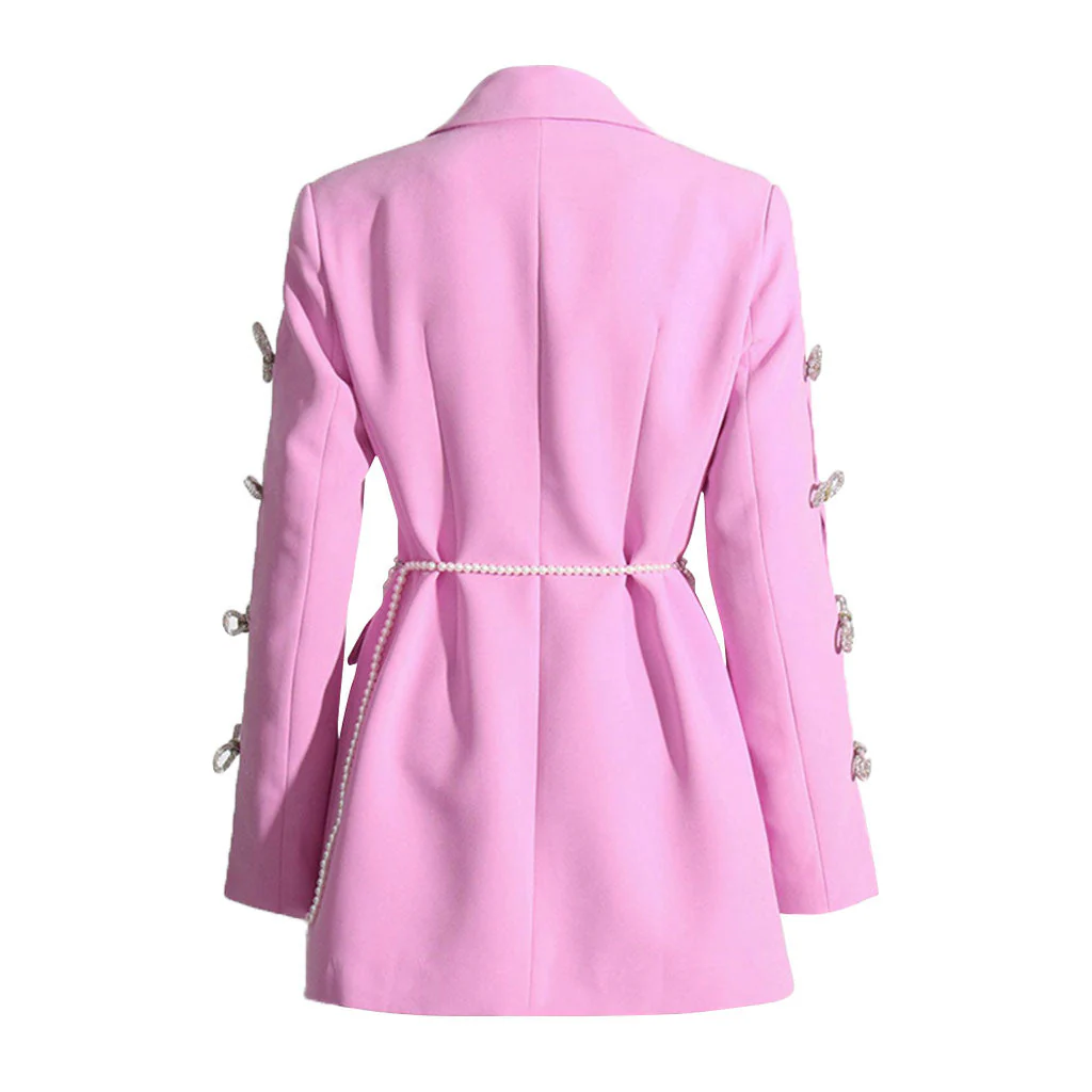 Pearlescent Belt Crystal Bow CutOut Long Sleeve Lapel Collar Long Blazer - Image 3