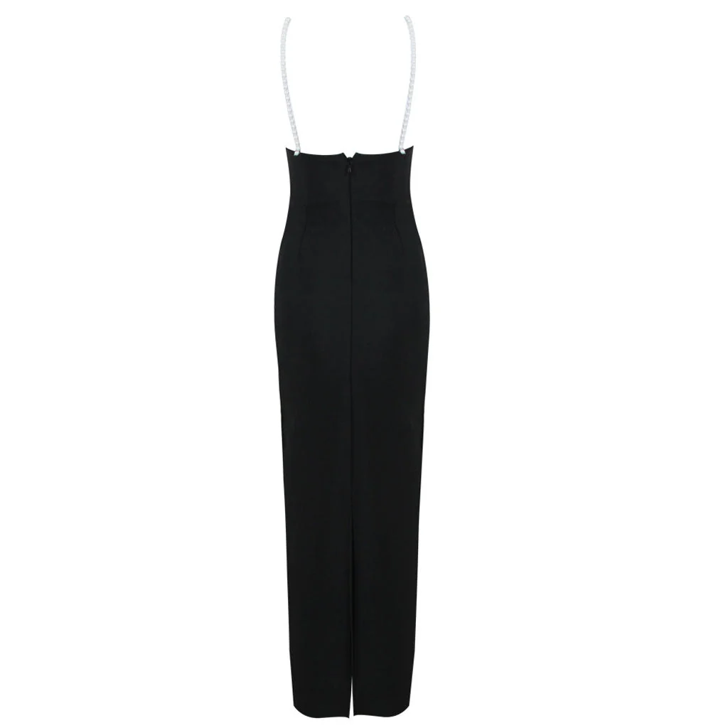 Pearlized Beaded Deep V Neck Open Back Rosette Applique Evening Bandage Maxi Dress - Image 8