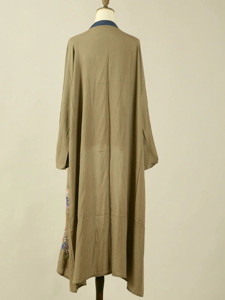 Nightwear Flower Embroidered Army-Green Color Cotton Long Length Gown Robe - Image 2